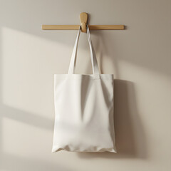 Minimalist tote bag branding mockup hanging on wooden hook with soft shadows