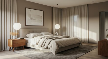 Modern Bedroom Interior with Bed Art and Lighting.