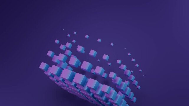 Digital cube structure with gradient purple and blue effect on dark background seamless looped video motion 4k, technology, innovation, or futuristic design themes in presentations, advertisements