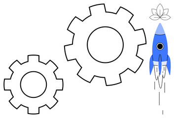 Rocket ascending beside two interlocking gears and a small leaf. Ideal for themes thumbs up innovation, progress, eco-friendly solutions, technology, teamwork, entrepreneurship, and sustainability