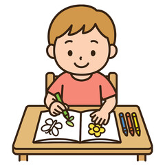 Kid Coloring Picture Book at Small Desk Illustration