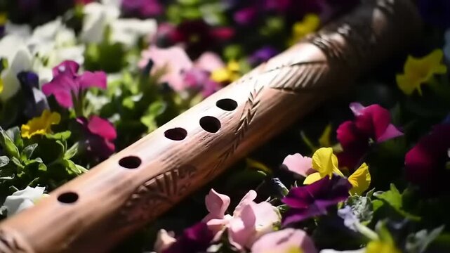 Carved flute with flowers, and nature scene.