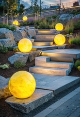 Fototapeta premium A landscaped walkway with tiered stone steps and luminous sphere lighting illuminates the pathway at dusk.