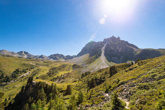 Scenic hiking trail from St Luc to Zinal in Valais Switzerland under sunlight