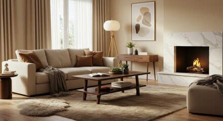 Fototapeta premium Cozy Living Room with Fireplace Sofa and Decor.