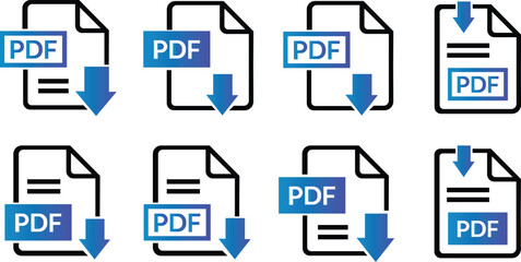 PDF file format icons set. PDF file download symbols. Format for texts, images, vector images, videos, interactive forms, Vector illustration !