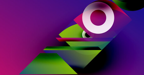 Abstract composition featuring vibrant purple, green hues. Overlapping shapes create dynamic visual effect. Circular element adds focal point.