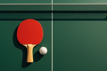Top-down view of a table tennis paddle and ball on a green surface, with strong shadows cast from overhead light.