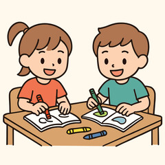 Two Kids Coloring Together at Small Table Vector