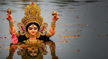 Goddess Durga idol immersion during Durga Visarjan ritual, traditional Hindu festival celebration symbolizing farewell to Maa Durga with devotion, spirituality, and cultural heritage in India