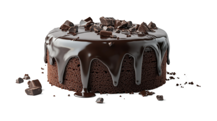 A chocolate cake with chocolate drizzle and chocolate chips on top. The cake is on a white background
