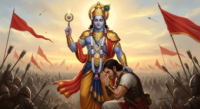 Lord Krishna guiding Arjuna on the battlefield of Kurukshetra with Sudarshan Chakra in hand, epic Mahabharata scene symbolizing Bhagavad Gita teachings of dharma, duty, and devotion
