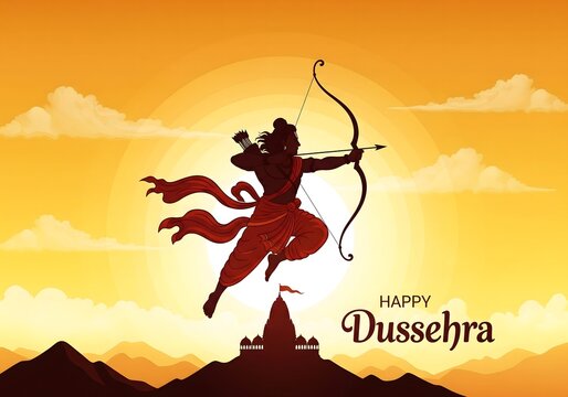 Happy Dussehra illustration of Lord Rama aiming bow and arrow against golden sunset sky, symbolizing victory of good over evil with traditional Indian festival background and mountains