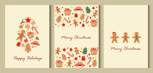 Set of gingerbread cookies posters. Vector for flyers, postcards, design, social media, and advertising.
