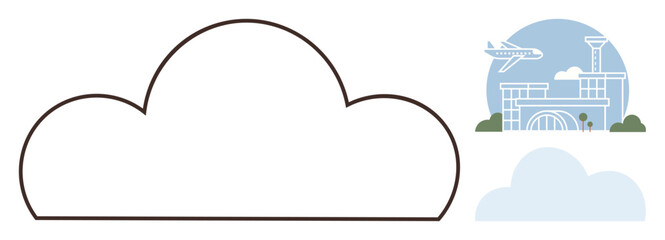Cloud outline beside an airport terminal, control tower, airplane in flight. Ideal for travel, aviation, logistics, cloud computing, connectivity vacation planning modern design. Simple flat