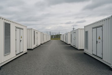 Battery energy storage containers arranged in rows at an energy site, ready for load balancing, power storage, and grid support.