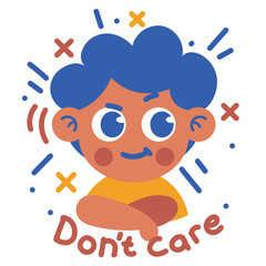 Cartoon boy with blue hair, arms crossed, expressing a 