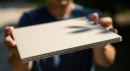 Hands present a sheet of corrugated card