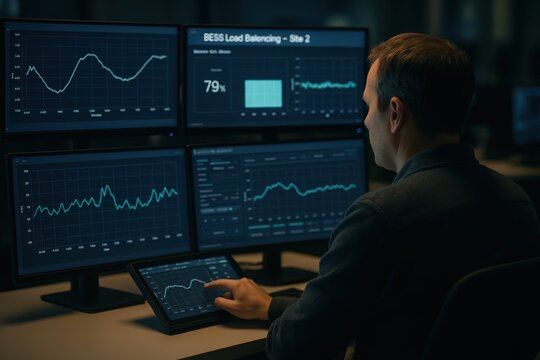 An operator monitors energy data on multiple screens, tracking battery load balancing and grid analytics in a high-tech control center. - Powered by Adobe