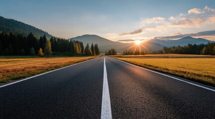 Fototapeta premium Winding asphalt road stretching through a stunning mountain landscape, bathed in the warm glow of sunrise, inviting tranquil journeys