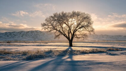 Solitary tree in a snowy landscape at sunrise