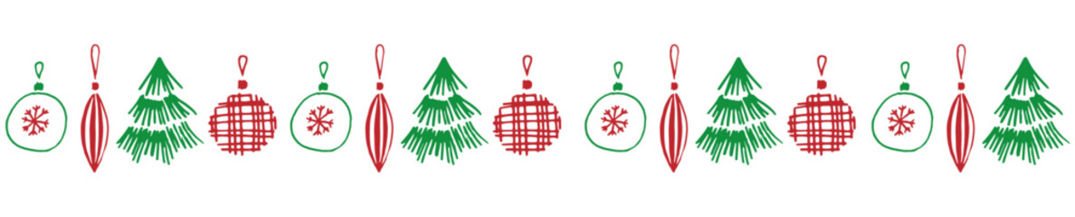 Hand Drawn Christmas Border with Ornaments and Trees Perfect for festive greeting cards, invitations, wrapping paper, web banners, and seasonal design projects.