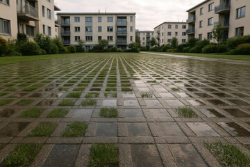 Fototapeta premium A sustainable green parking area features permeable pavers with growing grass in a modern residential courtyard.