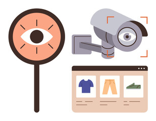 Eye sign, surveillance camera, and e-commerce webpage panel symbolizing online monitoring, privacy concerns, and data tracking. Ideal for security, privacy, consumer rights, ethics e-commerce