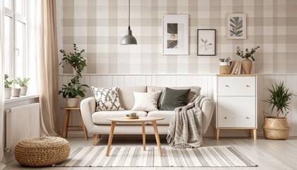 Cozy living room interior with beige plaid wallpaper, wooden furniture, soft cushions, and warm decor