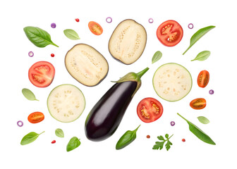 Sliced eggplant and tomatoes with fresh herbs, basil, parsley, garlic, olive oil, healthy vegetables, flat lay on white background, png file isolated on transparent background