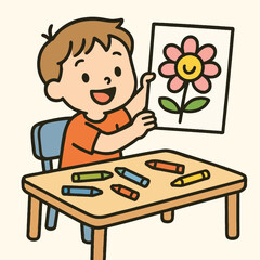 Child Coloring and Showing Artwork