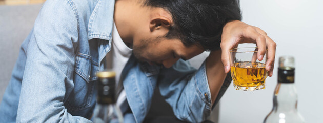 drunk asian man hold whisky glass addicted alcohol need therapy