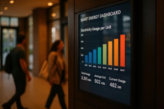 A smart energy dashboard in a lobby shows electricity usage per unit with colorful bar graphs and digital metrics.