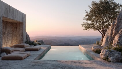 Modern stone house with infinity pool overlooking mountains at sunrise