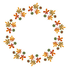Autumnal round wreath with nuts and chestnut leaves. Bright flat vector illustration in hand drawn style. Perfect layout for branding, card, poster, menu, scrapbooking, invitation, label