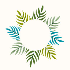 Botanical circle frame with palm tree leaves and copy space. Hand drawn vector illustration. Ideal for branding, card, poster, menu, scrapbooking, invitation, packaging, decor