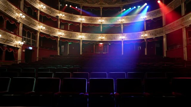 Ornate vintage theater hall with empty red seats illuminated by colorful moving stage spotlights