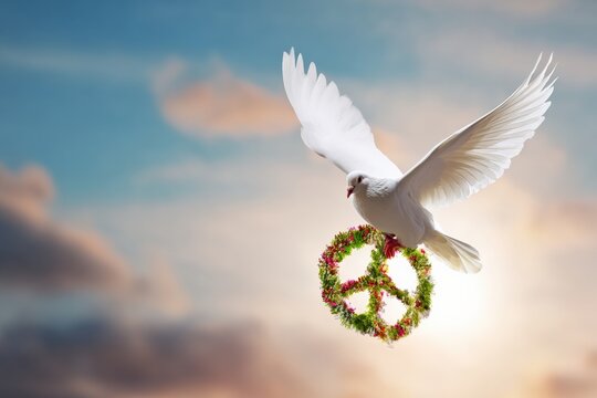 White dove soaring through a cloudy sky, carrying a vibrant peace symbol crafted from delicate flowers, embodies hope and harmony