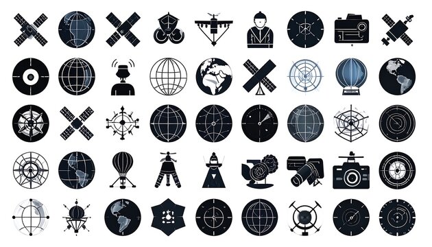 A collection of black and grey geometric shapes arranged in a grid, representing various elements associated with navigation, space, technology, and global networks.