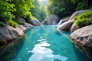 Serene geothermal hot spring, steaming water cascading over smooth rocks, lush green vegetation surrounding the pool Perfect for relaxation and wellness themes , geothermal, mineral water, spa