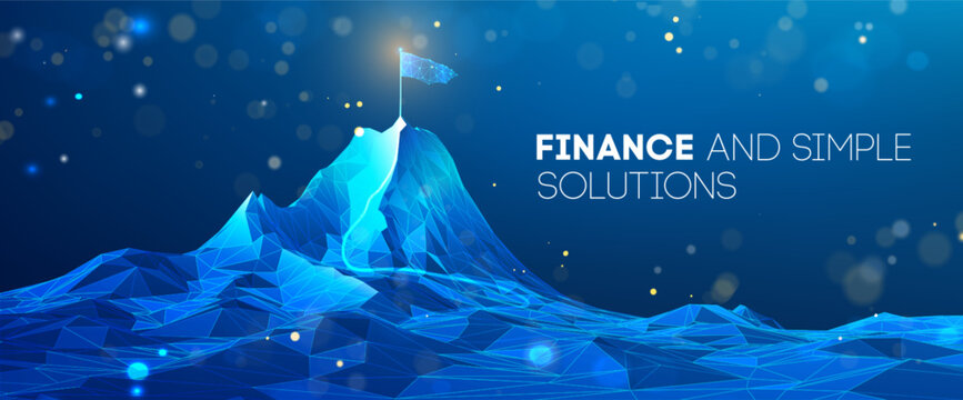 Tech success mountain with flag and goal at the top shows leadership background and career roadmap for data and business. Winner or peak journey by polygon concept for target and vector map.