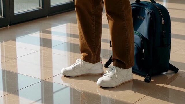 Man&rsquo;s Shoes and Backpack Placed on Shiny School Hallway Floor back to scool
