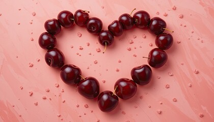 Lustrous Deep Red Cherries Form a Heart on a Sweet Pink Surface