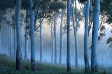 Fototapeta premium A serene, misty forest scene featuring tall, light-colored trees bathed in soft, blue-toned light.