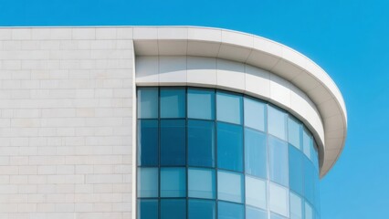 Obraz premium Modern Building Facade with Curved Glass Windows Against a Clear Blue Sky
