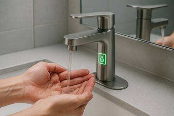 Hands under a modern touchless faucet with flowing water, symbolizing hygiene, smart home innovation, and water efficiency.