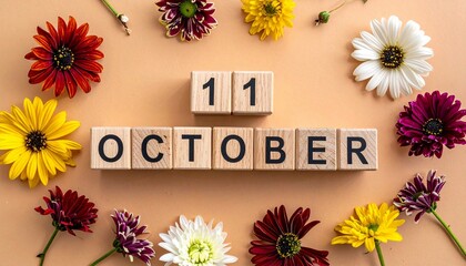 Wooden Blocks with Date 11 October. Floral Calendar – Vibrant Flowers on Solid Colored Background
