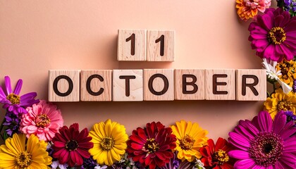 Wooden Blocks with Date 11 October. Floral Calendar – Vibrant Flowers on Solid Colored Background