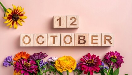 Wooden Blocks with Date 12 October. Floral Calendar – Vibrant Flowers on Solid Colored Background
