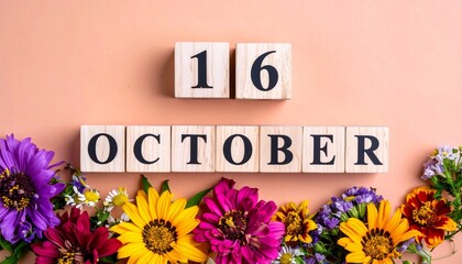 Wooden Blocks with Date 16 October. Floral Calendar – Vibrant Flowers on Solid Colored Background